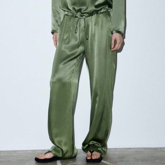 Zara Women’s Green Flowy Satin Pants - Size XXL - Picture 7 of 7